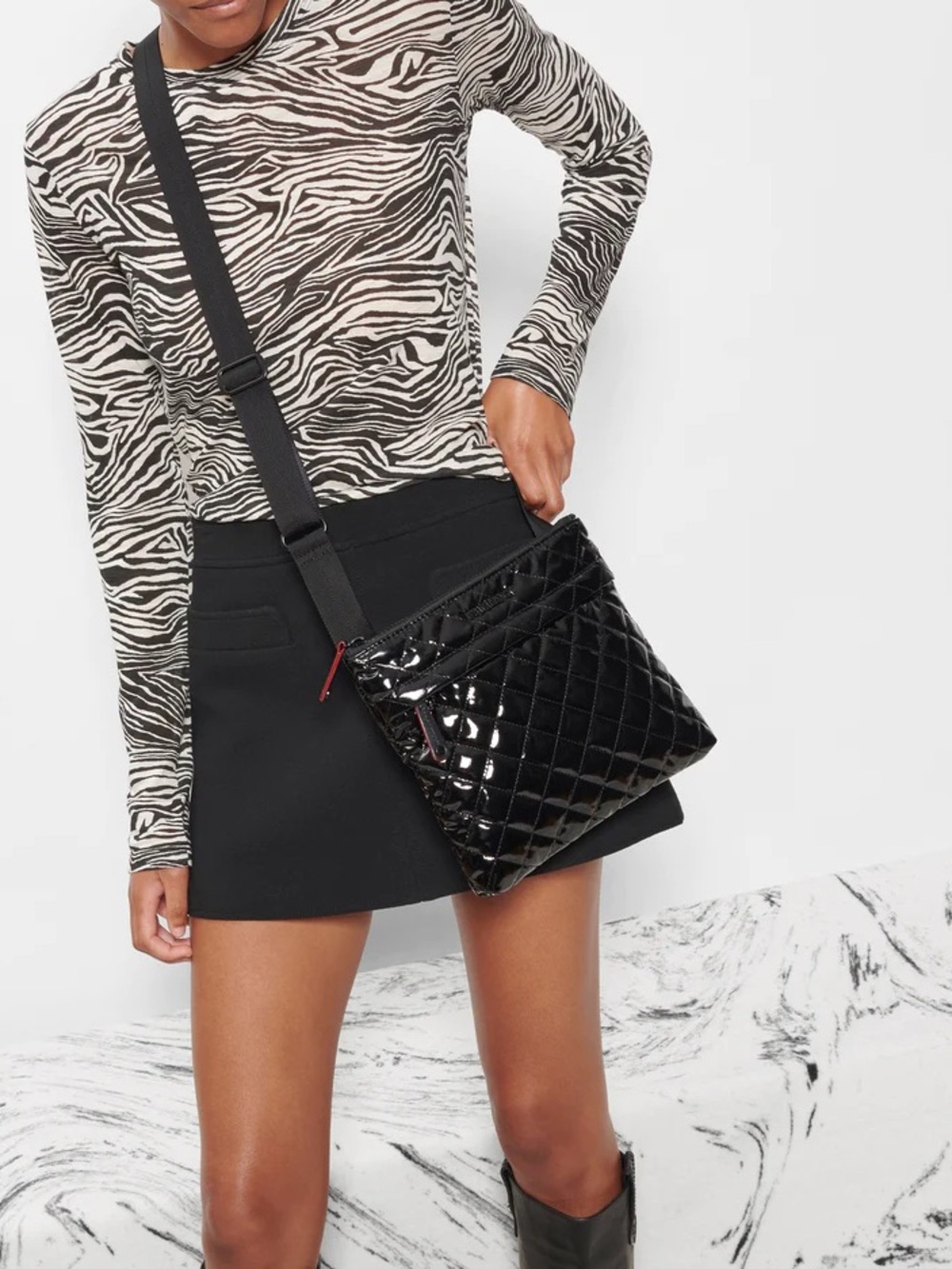MZ WALLACE Metro Flat Crossbody | Black Lacquer